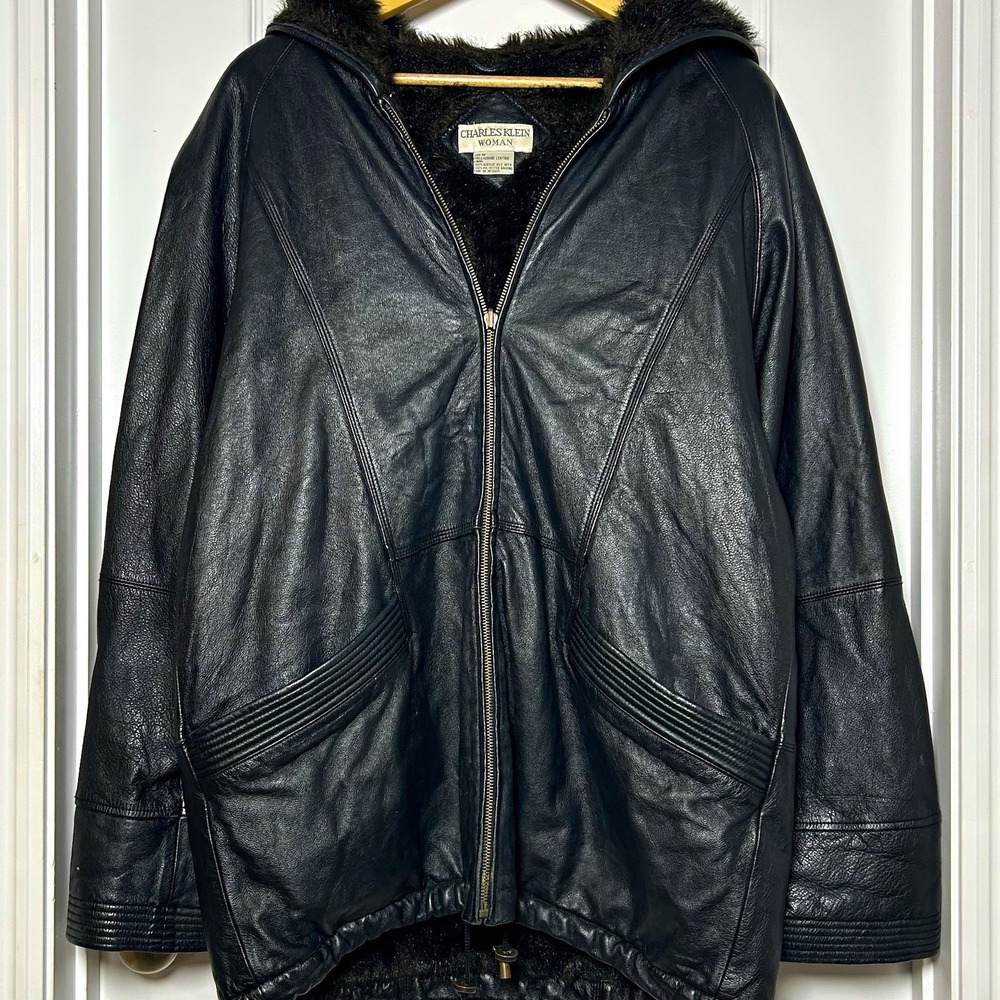 Charles Klein Vintage 90s Genuine Leather Black Hooded Faux Fur Bomber Jacket